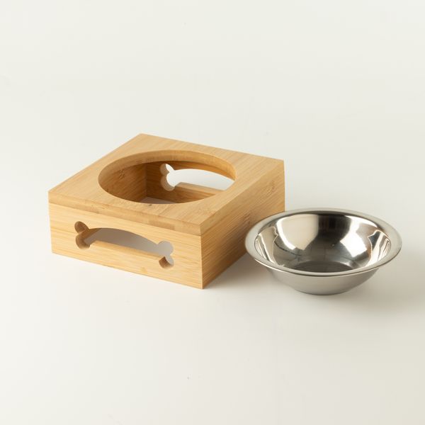 PAW Food Bowls - Single Stainless Steel in Wooden Stand - 12cm