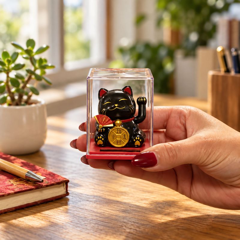 Mini Solar Powered Money Cat in Box - Black