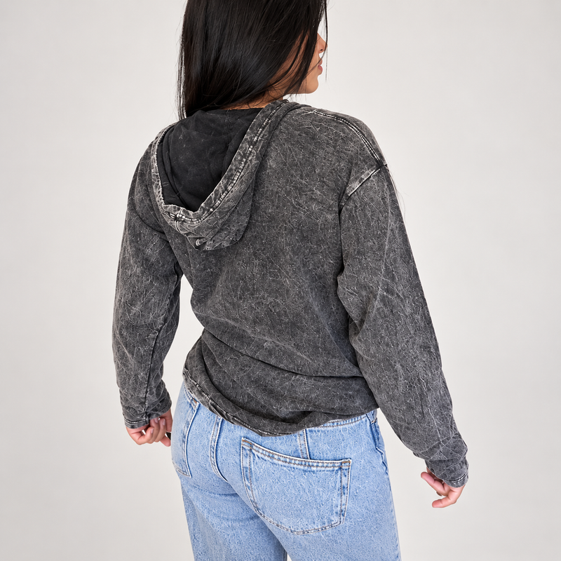 Small Stone Washed Hoody Shirt Kangaroo Pocket - Grey REBEL