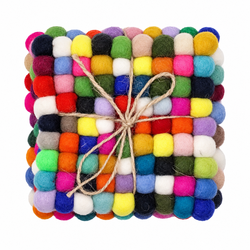 Felt Ball Square Coasters - 10cm Multi Grey colour (set of 4)