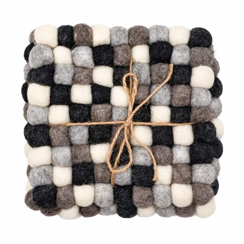 Felt Ball Square Coasters - 10cm Multi Grey colour (set of 4)