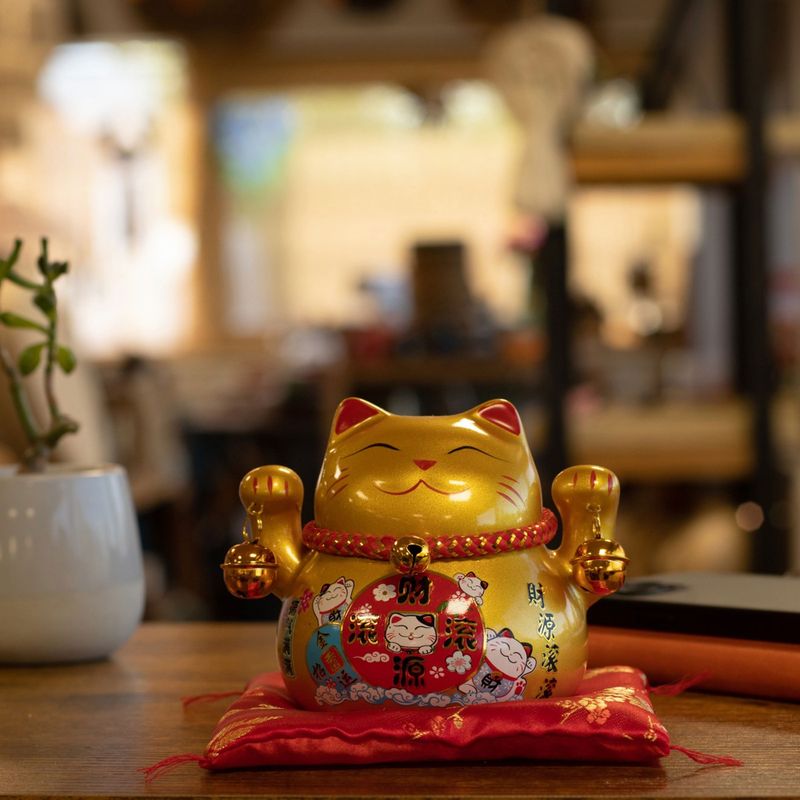 Ceramic Money Cat Bank - Gold on Cushion
