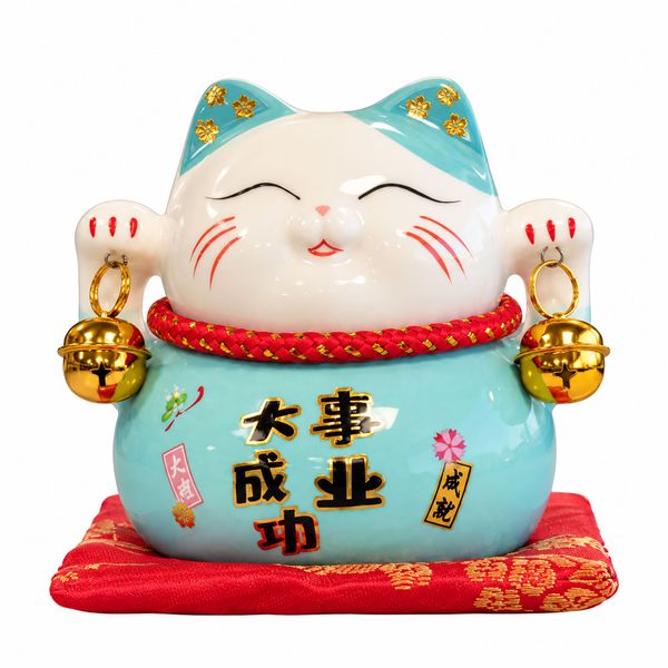 Ceramic Money Cat Bank - Blue on Cushion