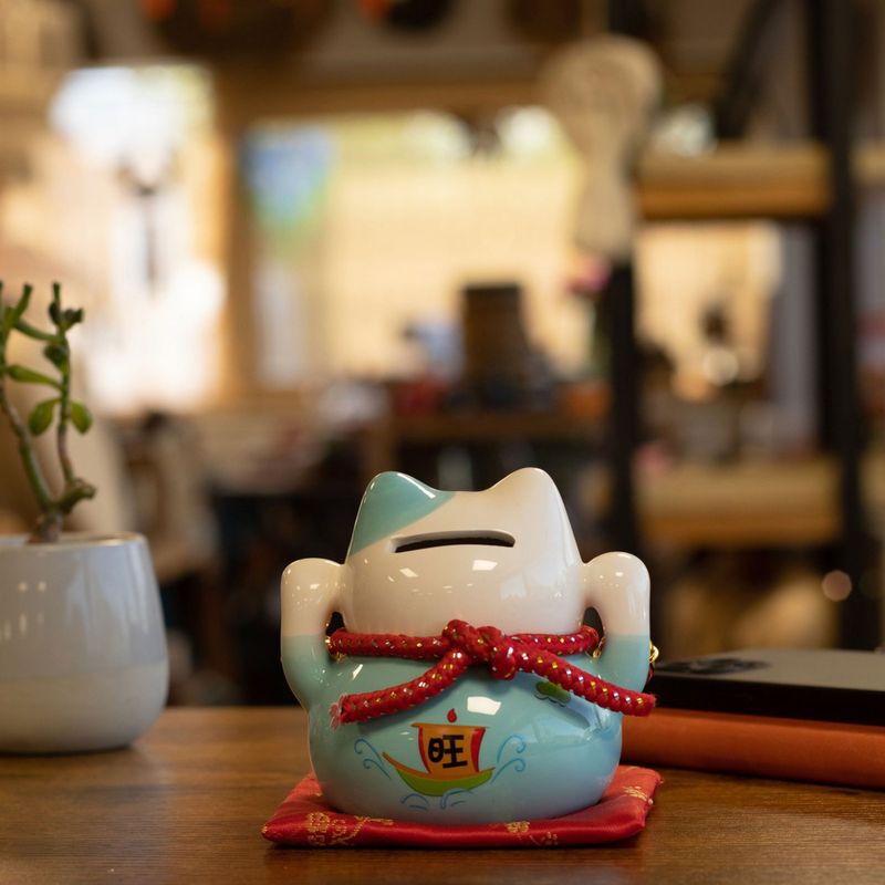 Ceramic Money Cat Bank - Blue on Cushion