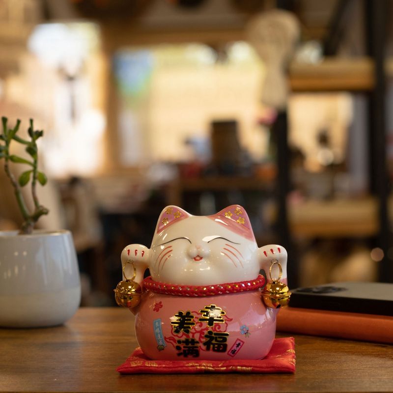 Ceramic Money Cat Bank - Pink on Cushion