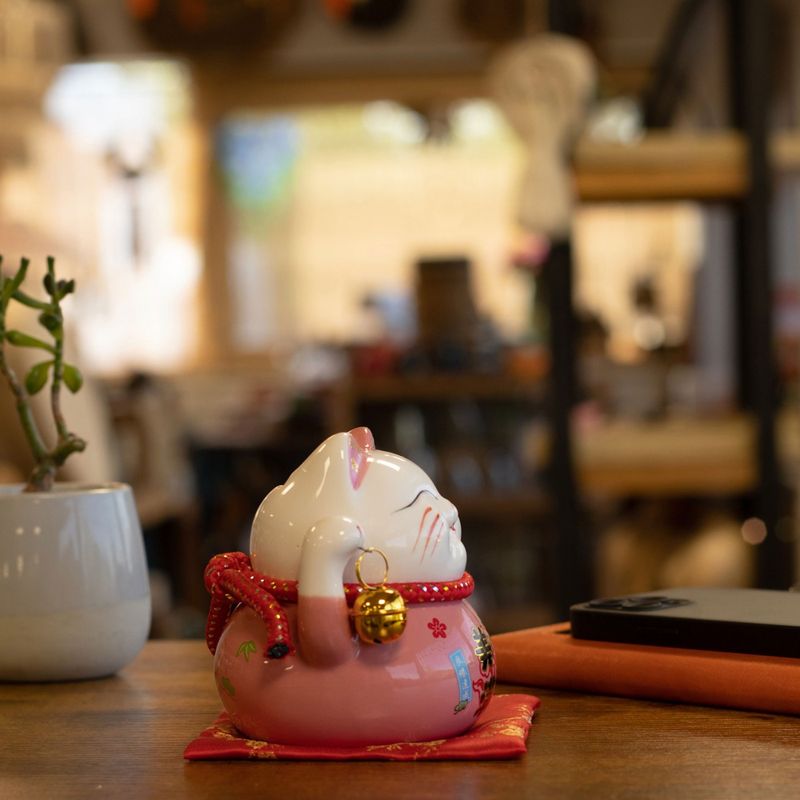 Ceramic Money Cat Bank - Pink on Cushion
