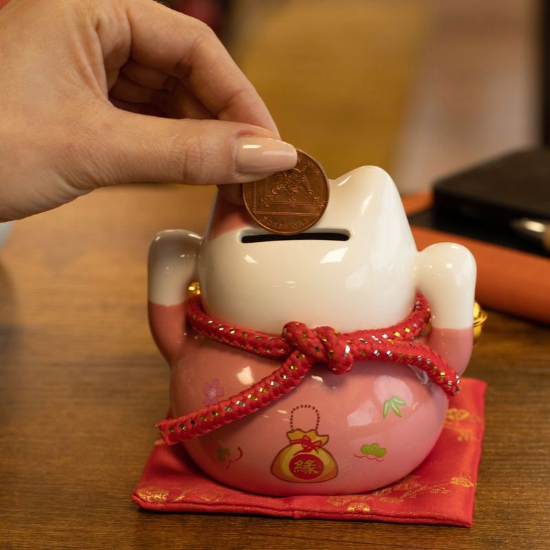 Ceramic Money Cat Bank - Pink on Cushion