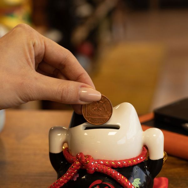 Ceramic Money Cat Bank - Black on Cushion