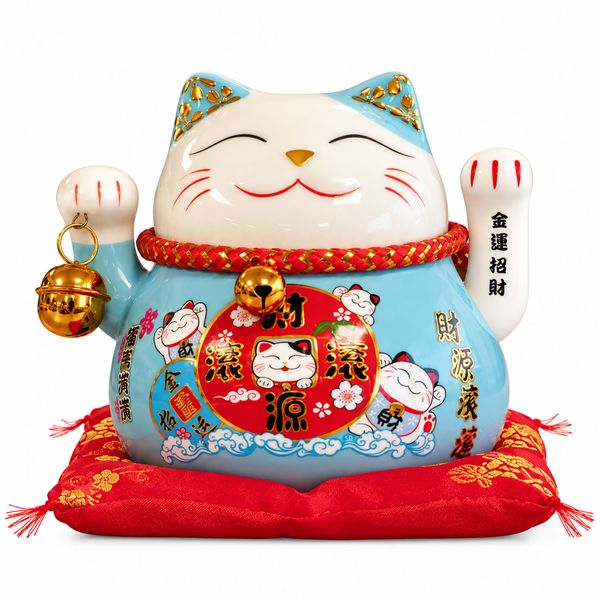 Ceramic Money Cat Moving Hand - Blue on Cushion (battery not included)