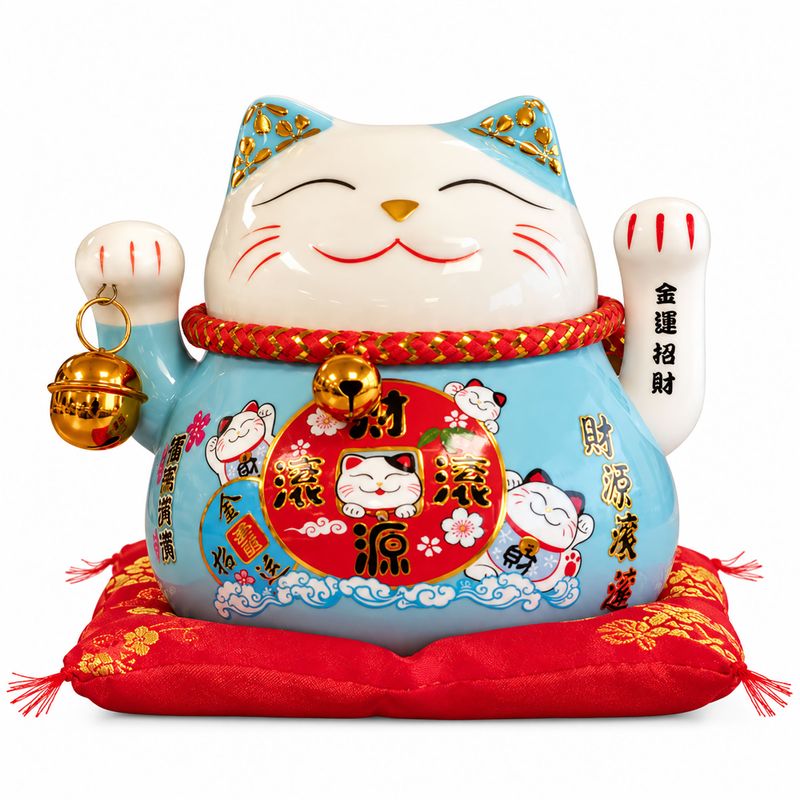 Ceramic Money Cat Moving Hand - Blue on Cushion (battery not included)