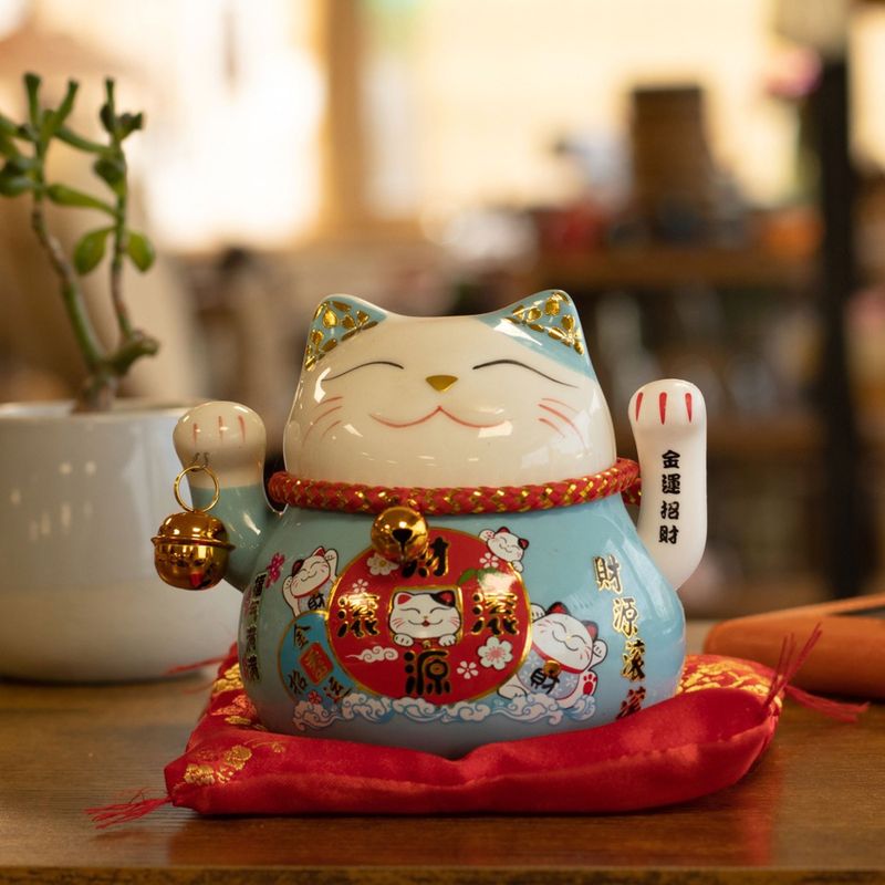 Ceramic Money Cat Moving Hand - Blue on Cushion (battery not included)