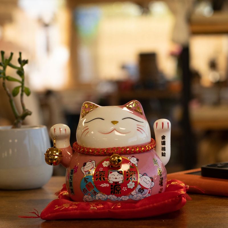Ceramic Money Cat Moving Hand - Pink on Cushion (battery not included)