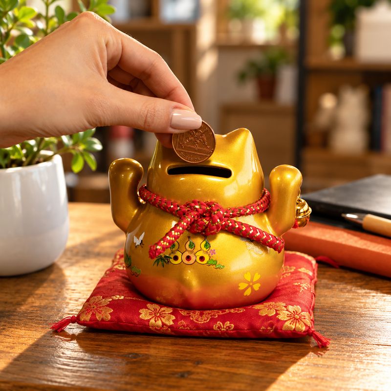 Ceramic Money Cat Bank - Gold on Cushion