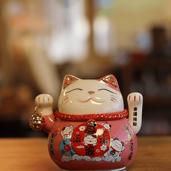 Ceramic Money Cat Moving Hand - Pink on Cushion (battery not included)