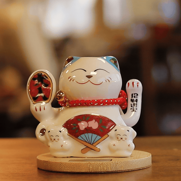 Solar Money Cat Wooden Base - Blue Moving Hand