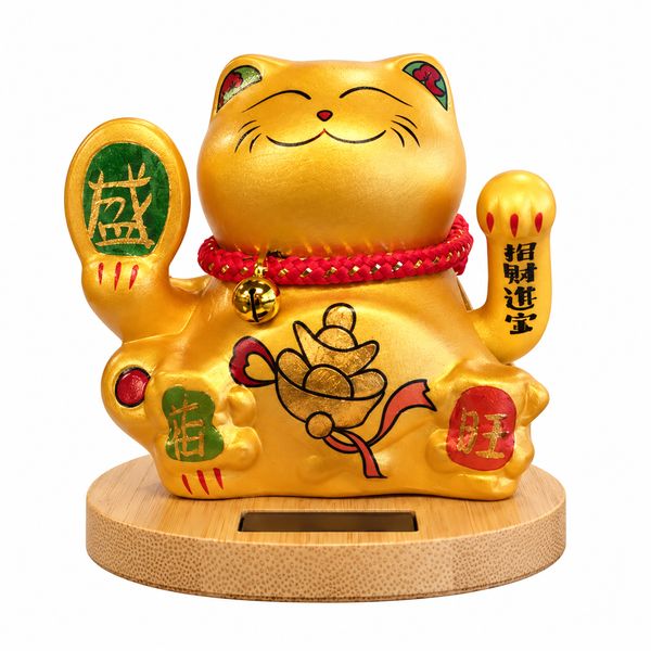 Solar Money Cat Wooden Base - Gold Moving Hand