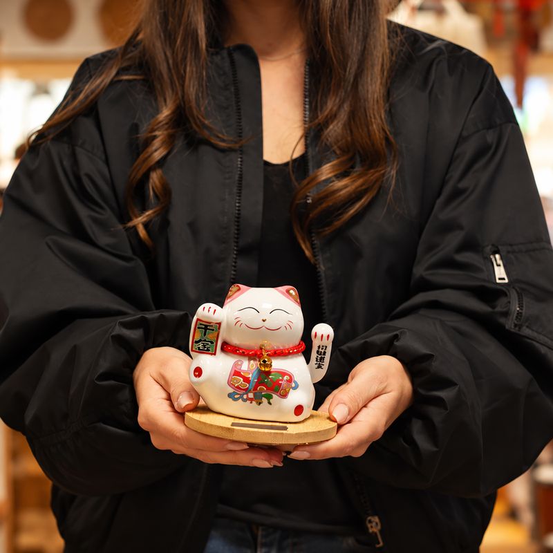 Solar Money Cat Wooden Base - Pink moving Hand