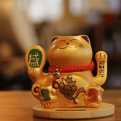 Solar Money Cat Wooden Base - Gold moving Hand