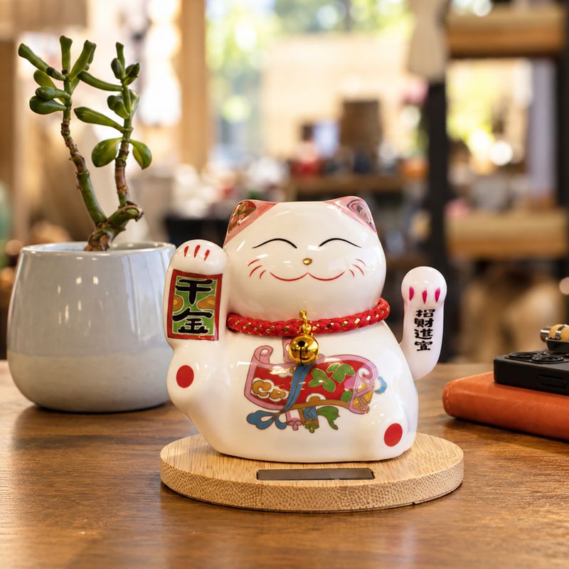 Solar Money Cat Wooden Base - Pink moving Hand