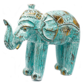 Wood Carved Elephant - Turquois Gold