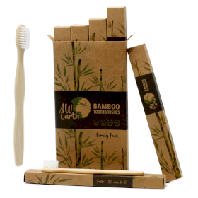 4x Bamboo Toothbrush - White - Family Pack of 4 - Med Soft