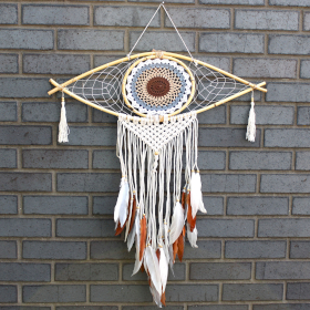 Protection Dream Catcher - Lrg Macrame Evil Eye White/ Grey/Brown