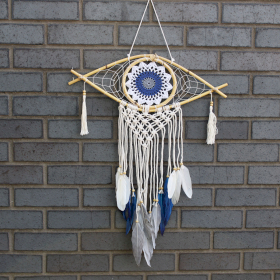 Protection Dream Catcher - Med Macrame Evil Eye White/ Blue/Grey