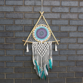Protection Dream Catcher - Lrg Macrame Pyramid White/Turquoise