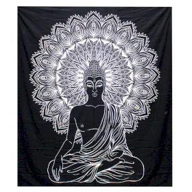 B&W Double Cotton Bedspread + Wall Hanging - Buddha