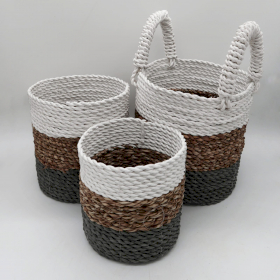Set of 3 Seagrass Basket Set - Grey / Natural / White