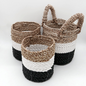 Set of 3 Seagrass Basket Set - Dark Grey / White / Natural