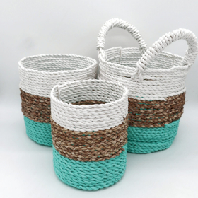 Set of 3 Seagrass Basket Set - Green / Natural / White