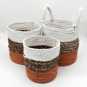 Set of 3 Seagrass Basket Set - Orange / Natural / White