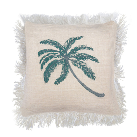 4x Linen Cushion Cover 45x45cm Palm Tree  with Fringe