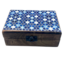 Medium Ceramic Glazed Wood Box - 15x10x6cm - Blue Stars