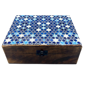 Large Ceramic Glazed Wood Box - 20x15x7.5cm - Blue Stars