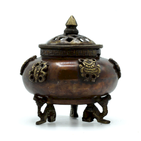 Brass Tibetan Incense Burner - Six Symbols Standing Pot