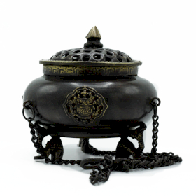 Lrg Brass Tibetan Burner - Four Symbol Hanging Pot