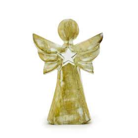Mango Wood Angel - Whitewash with Star Cut Out - 18cm