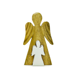Mango Wood Angel in Angel - White Enamel - 15cm