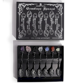 Set of 7 Dark Silver Gemstone Crystal Witch Spoons