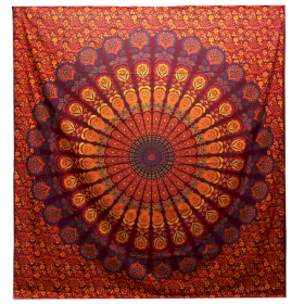 Double Cotton Bedspread + Wall Hanging - Peacock Mandala - Maroon