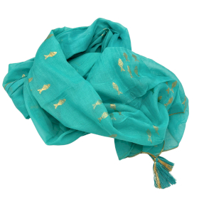 Nomad Sari  Pareo - Turquoise & Gold Fish Design
