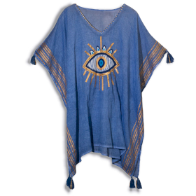 Nomad Sari  Kaftan - Rich Blue & Gold Hand Painted Evil Eye Design - Handpainted
