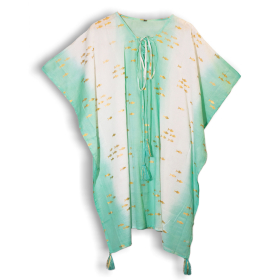 Nomad Sari  Kaftan - White & Turquoise & Gold Fish Design
