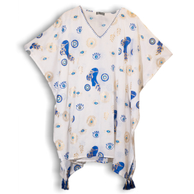 Nomad Sari  Kaftan - White , Blue & Gold Evil Eye Design