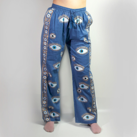 (ML) Nomad Sari  - Lounge Pants - Rich Blue & Gold Hand Painted Evil Eye Design