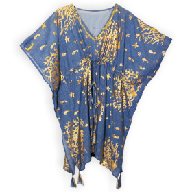 Nomad Sari  Kaftan - Sea Blue & Gold Coral Design