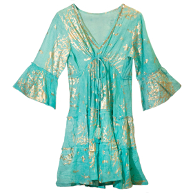 (LXL) Nomad Sari  - Dress - Turquoise & Gold Coral Design