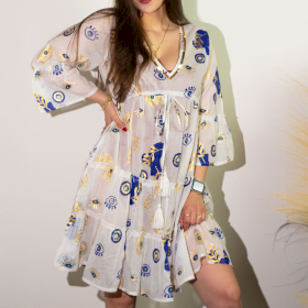 (ML) Nomad Sari  - Dress -  White , Blue & Gold Evil Eye Design